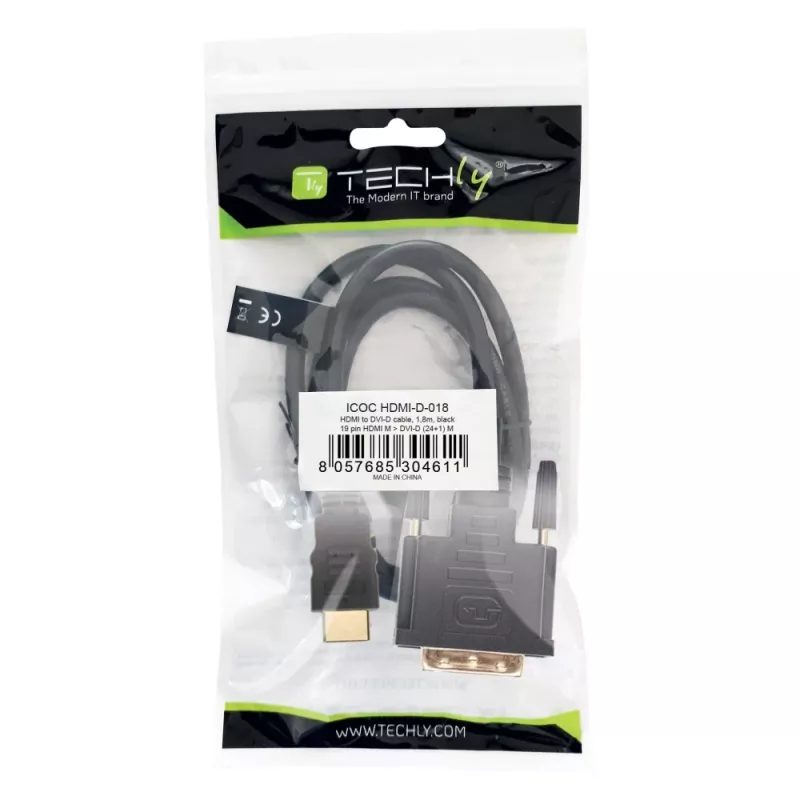 Techly Video Cable HDMI to DVI-D M / M 1.8m ICOC HDMI-D-018, 1.8 m, HDMI, DVI-D, Male, Male, Gold