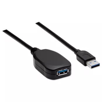 Manhattan USB-A to USB-A Extension Cable, 5m, Male to Female, Active, 5 Gbps (USB 3.2 Gen1 aka USB 3.0), Built In Repeater, SuperSpeed USB, Black, Three Year Warranty, Equivalent to USB2AAEXT5M.