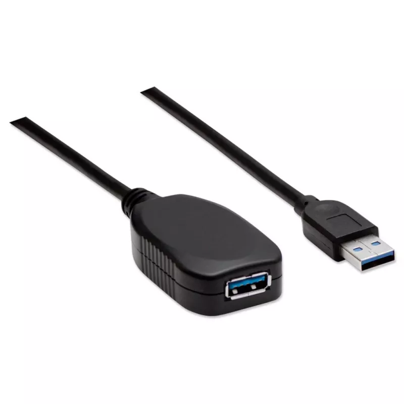 Manhattan USB-A to USB-A Extension Cable, 5m, Male to Female, Active, 5 Gbps (USB 3.2 Gen1 aka USB 3.0), Built In Repeater, SuperSpeed USB, Black, Three Year Warranty, Equivalent to USB2AAEXT5M.