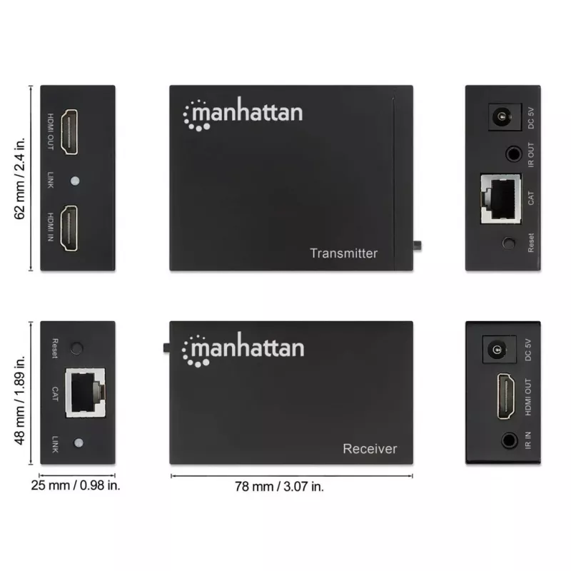 Manhattan HDMI 1080p over Ethernet Extender Kit, Up to 50m with Single Cat6 Cable, Tx & Rx Modules, IR Support, Three Year Warranty