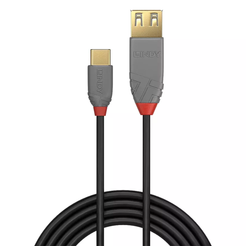 Lindy 0.15m USB 2.0 Type C to A Adapter Cable, Anthra Line, 0.15 m, USB A, USB C, USB 2.0, 0.48 Gbit/s, Black, Grey