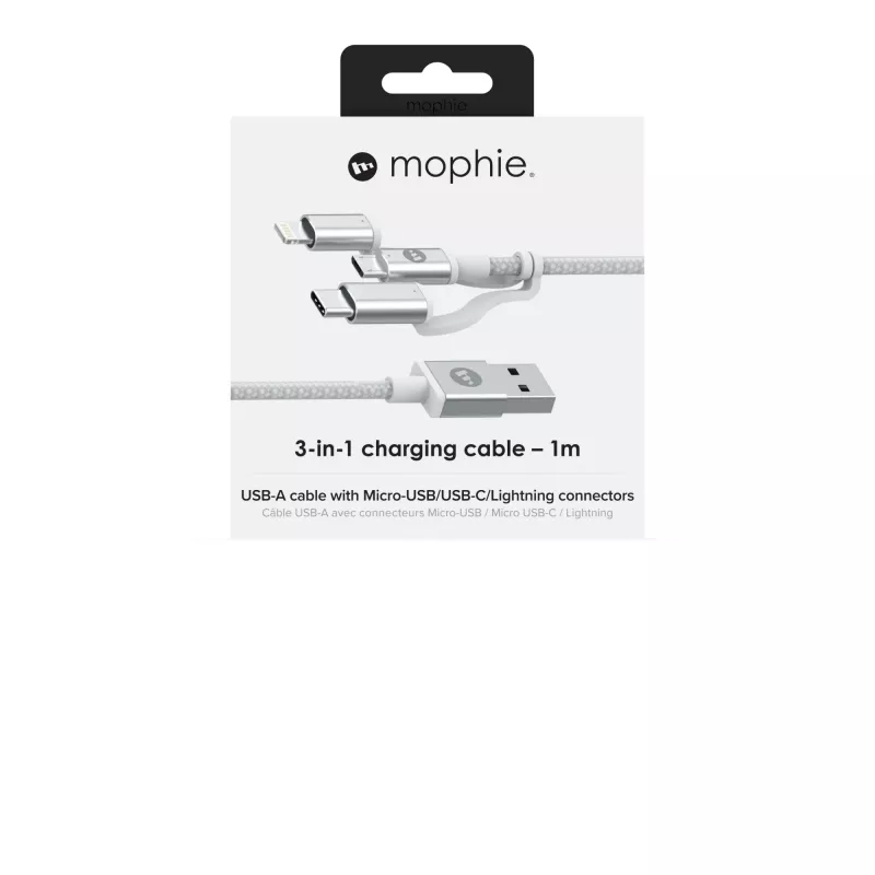 mophie Charge and Sync Cable- USB-A to Micro/USB-C/LTG- 1M- White