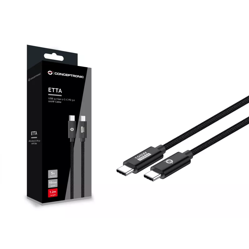 Conceptronic ETTA02B12 USB 3.2 Gen 2 C-C PD 3.0 100W Cable 1.2M, 20V 5A, 10Gbps, E-Mark