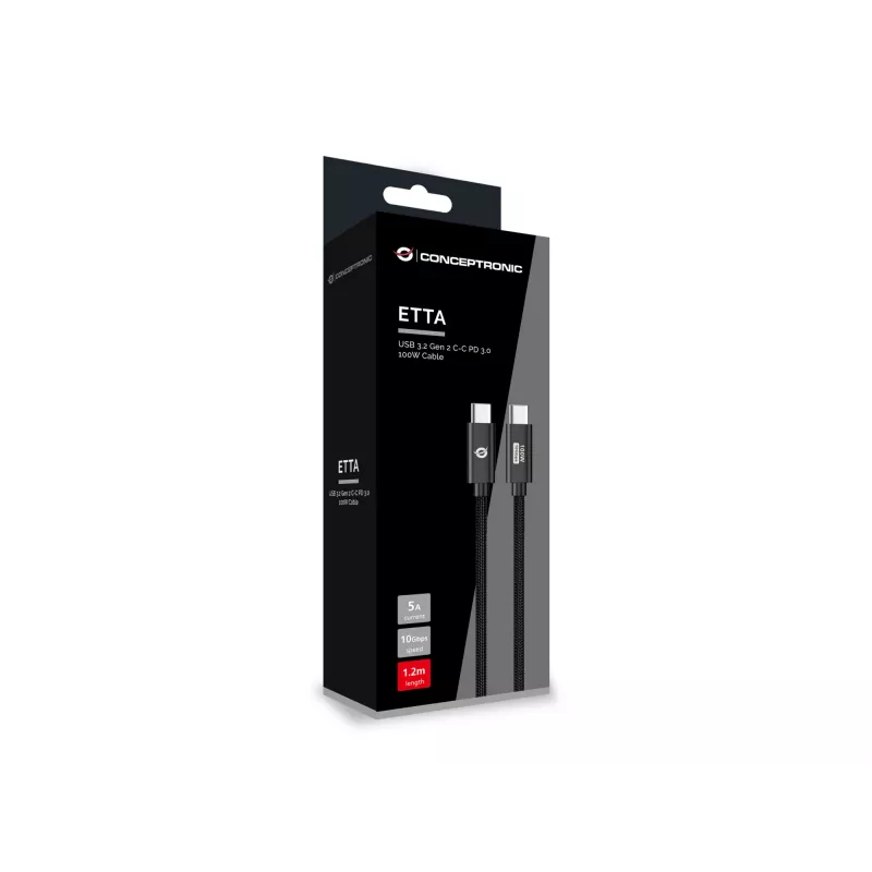 Conceptronic ETTA02B12 USB 3.2 Gen 2 C-C PD 3.0 100W Cable 1.2M, 20V 5A, 10Gbps, E-Mark