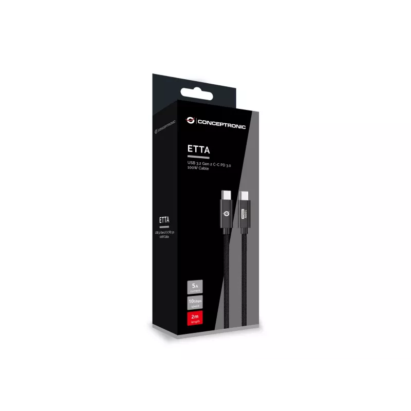 Conceptronic ETTA02B20 USB 3.2 Gen 2 C-C PD 3.0 100W Cable 2M, 20V 5A, 10Gbps, E-Mark
