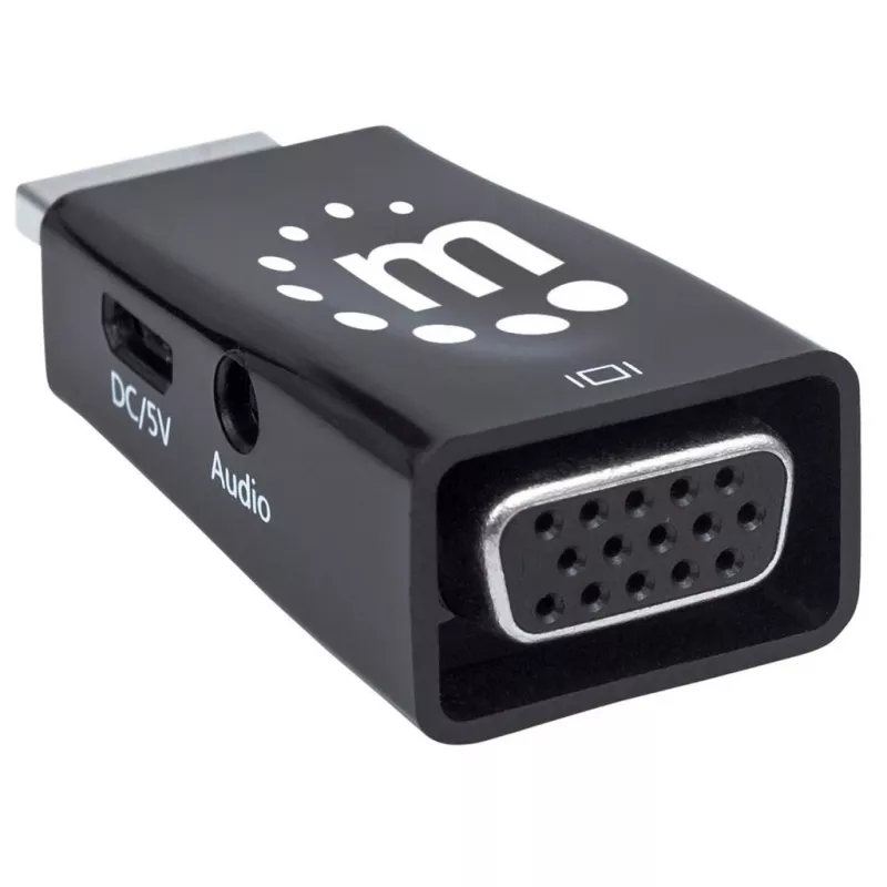 Manhattan HDMI to VGA (with Audio) Converter, 1080p, Male to Female, Micro-USB Power Input Port for additional power if needed, Black, Three Year Warranty
