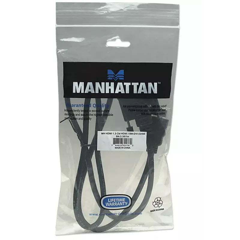 Manhattan HDMI to DVI-D 24+1 Cable, 1m, Male to Male, Black, Dual Link, Compatible with DVD-D, Lifetime Warranty, Equivalent to HDDVIMM1M