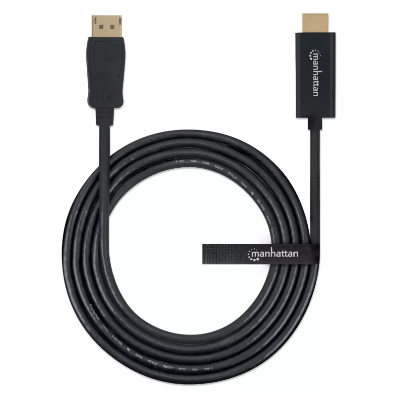 Manhattan DisplayPort 1.1 to HDMI Cable, 1080p@60Hz, 1.8m, Male to Male, DP With Latch, Black, Not Bi-Directional, Three Year Warranty