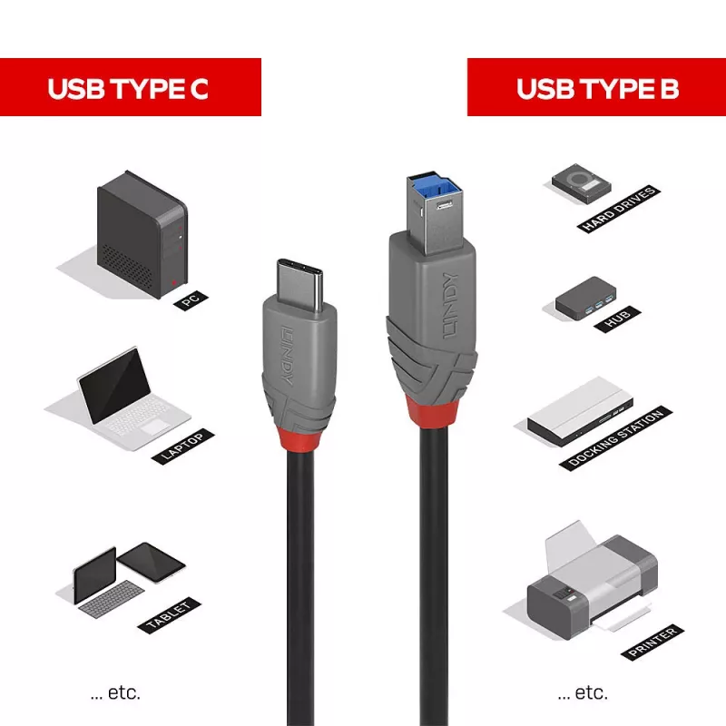 Lindy 1m USB 3.2 Type C to B Cable, Anthra Line