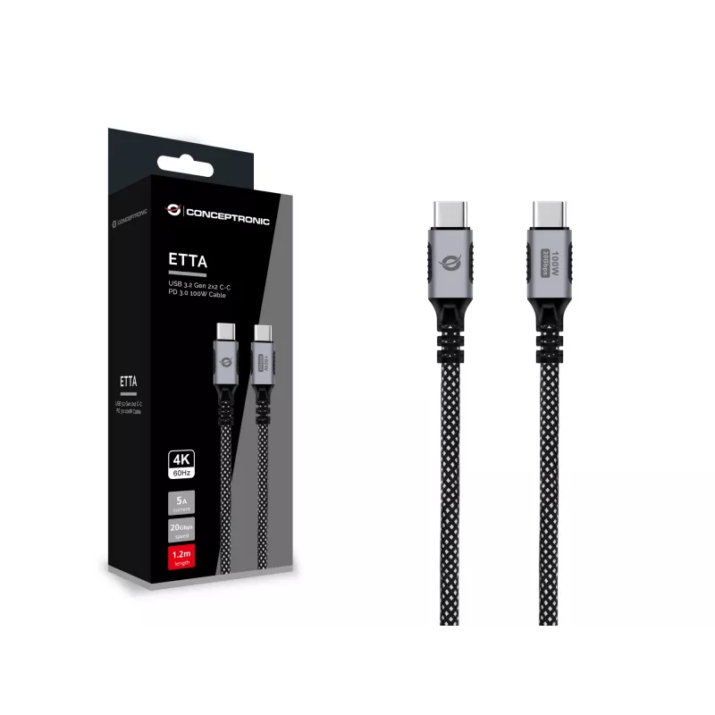 CONCEPTRONIC USB-C to USB-C Cable ETTA07B12 — USB 3.2 Gen 2x2, 1.2 m, 20 Gbps, PD 3.0 100W (20V/5A), 4K60Hz, Black, E‑Mark