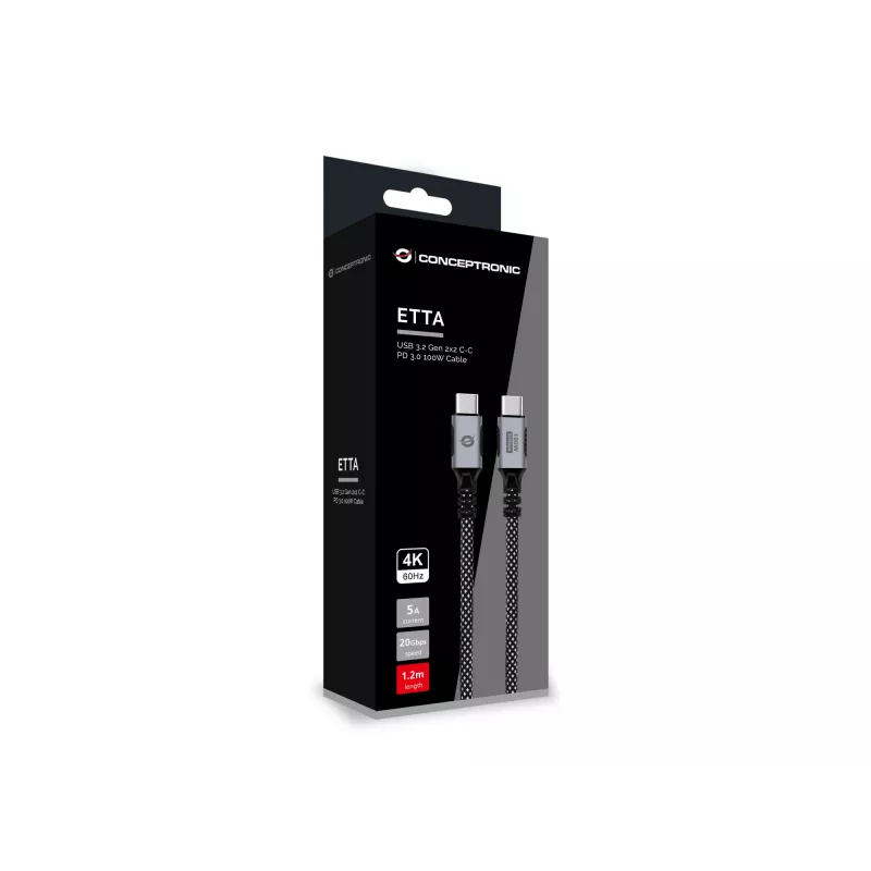 CONCEPTRONIC USB-C to USB-C Cable ETTA07B12 — USB 3.2 Gen 2x2, 1.2 m, 20 Gbps, PD 3.0 100W (20V/5A), 4K60Hz, Black, E‑Mark