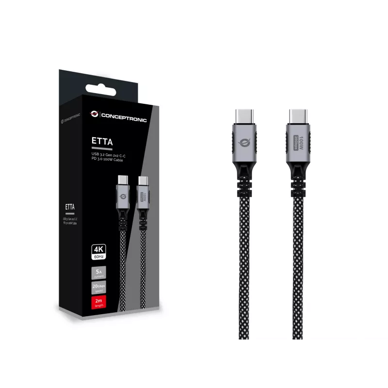USB-C to USB-C cable CONCEPTRONIC ETTA07B20 — USB 3.2 Gen 2x2, 2 m, 20 Gbps, PD 3.0 100W (20V 5A), 4K@60Hz, E-mark