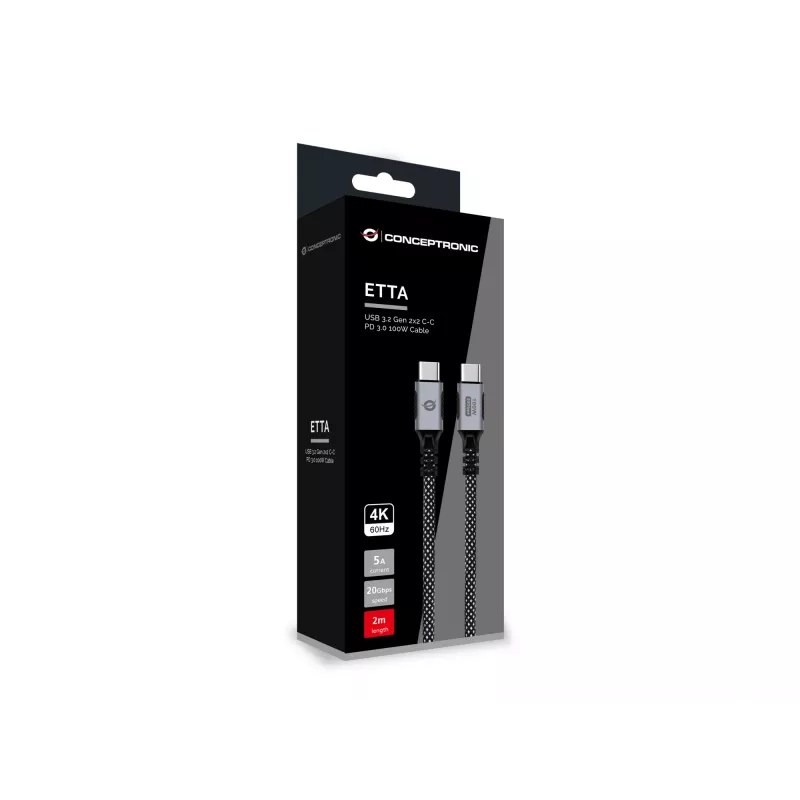 USB-C to USB-C cable CONCEPTRONIC ETTA07B20 — USB 3.2 Gen 2x2, 2 m, 20 Gbps, PD 3.0 100W (20V 5A), 4K@60Hz, E-mark