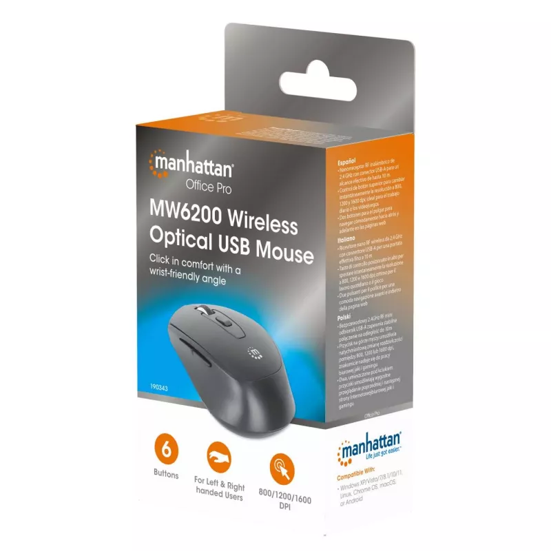 Manhattan MW6200 Wireless Mouse, USB-A Nano Receiver, Black