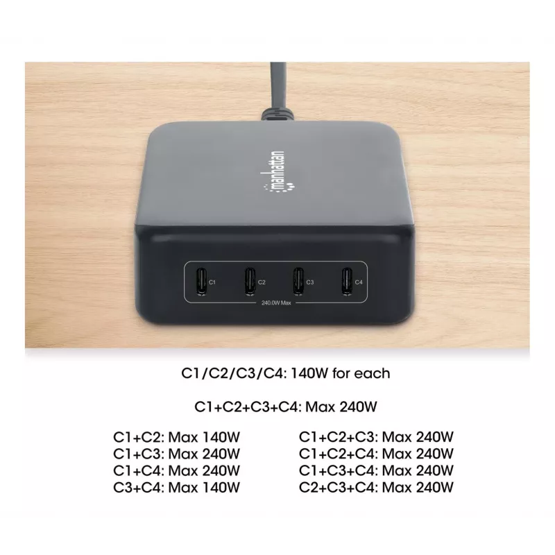 Charger Manhattan Four USB-C PD Ports 140W per Port 240W Total
