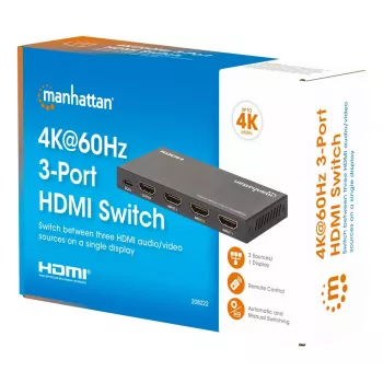 HDMI Switch 3x1 MANHATTAN 18G Automatic Manual IR Remote Control Black