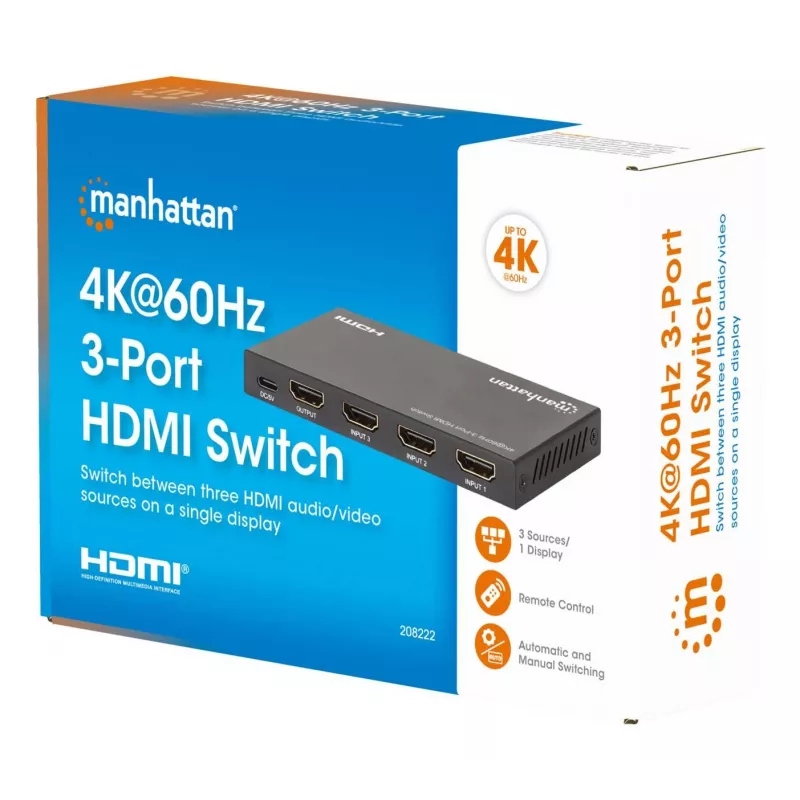 HDMI Switch 3x1 MANHATTAN 18G Automatic Manual IR Remote Control Black