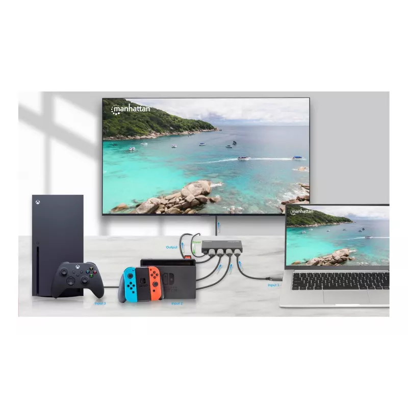 HDMI Switch 3x1 MANHATTAN 18G Automatic Manual IR Remote Control Black