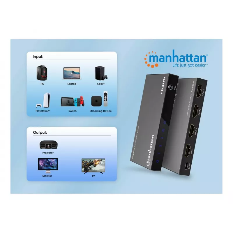 HDMI Switch 3x1 MANHATTAN 18G Automatic Manual IR Remote Control Black