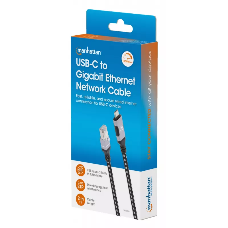 Manhattan USB-C to Gigabit Network Ethernet RJ45 Cable 2m Black/Silver