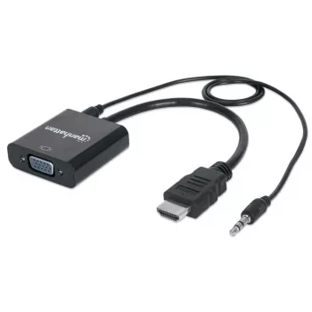 Manhattan HDMI to VGA (with Audio) Converter cable, 1080p, 30cm, Male to Female, Micro-USB Power Input Port for additional power if needed, Black, Three Year Warranty