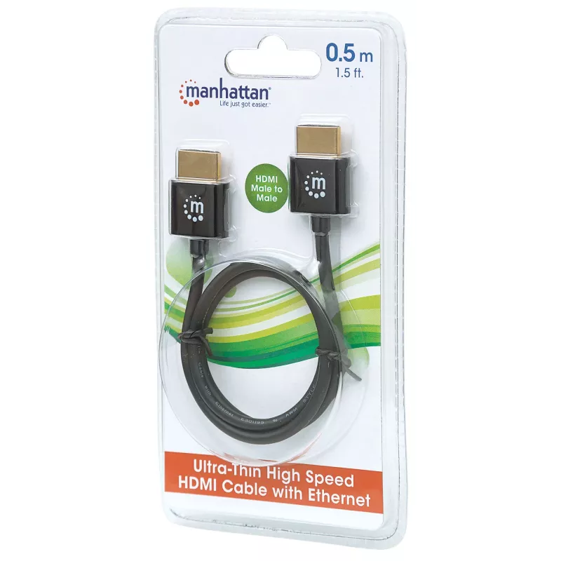 Manhattan HDMI Cable with Ethernet (Ultra Thin), 4K@60Hz (Premium High Speed), 0.5m, Male to Male, Black, Ultra HD 4k x 2k, Fully Shielded, Gold Plated Contacts, Lifetime Warranty