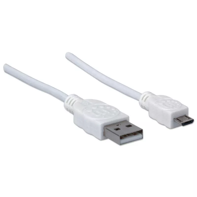 Manhattan USB-A to Micro-USB Cable, 1.8m, Male to Male, 480 Mbps (USB 2.0), Hi-Speed USB, White, Lifetime Warranty