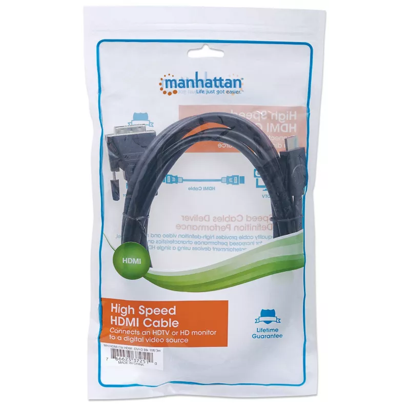 Manhattan HDMI to DVI-D 24+1 Cable, 3m, Male to Male, Black, Dual Link, Compatible with DVD-D, Lifetime Warranty, Equivalent to HDDVIMM3M