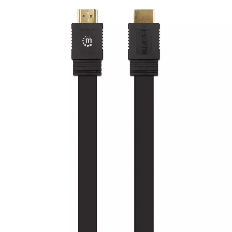 Manhattan HDMI Cable with Ethernet (Flat), 4K@60Hz (Premium High Speed), 10m, Male to Male, Black, Ultra HD 4k x 2k, Fully Shielded, Gold Plated Contacts, Lifetime Warranty
