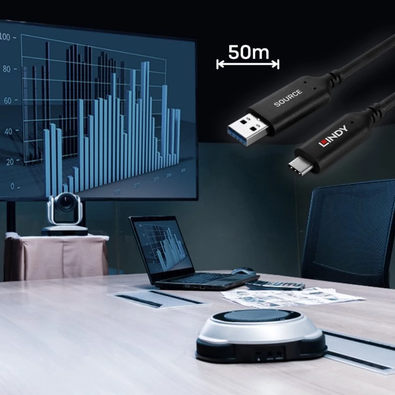 Lindy 50m USB 3.2 Gen 1 Type A to C Fibre Optic Hybrid Cable