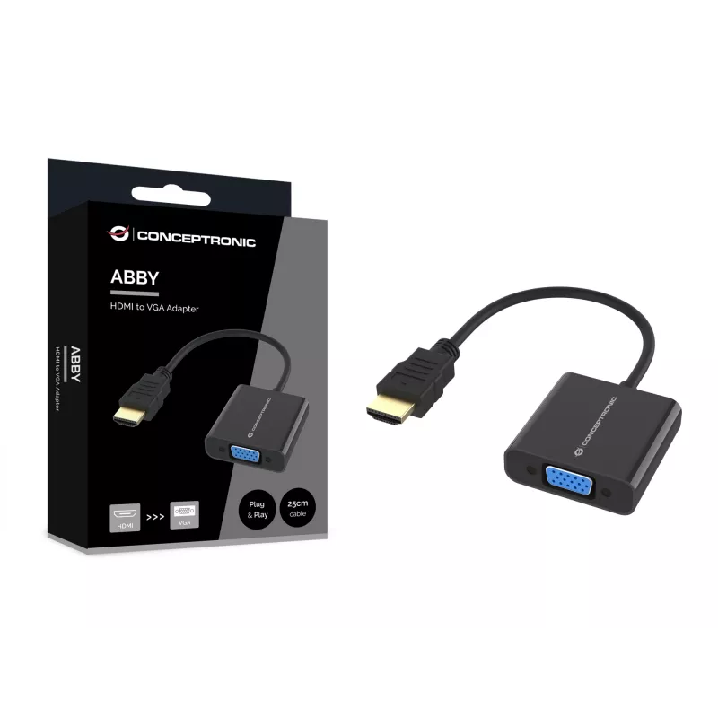 Conceptronic ABBY20B HDMI to VGA Adapter, 0.25 m, HDMI Type A (Standard), VGA (D-Sub), Male, Female, Straight