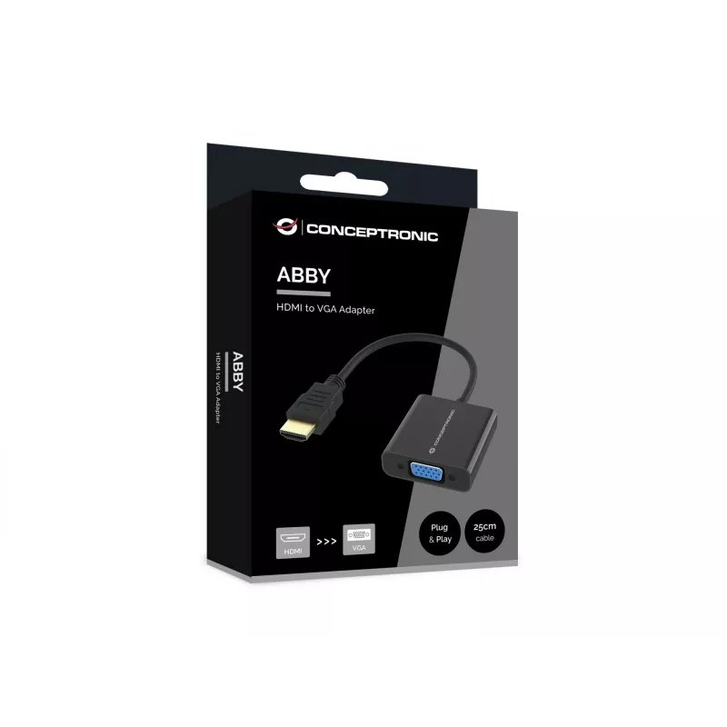 Conceptronic ABBY20B HDMI to VGA Adapter, 0.25 m, HDMI Type A (Standard), VGA (D-Sub), Male, Female, Straight
