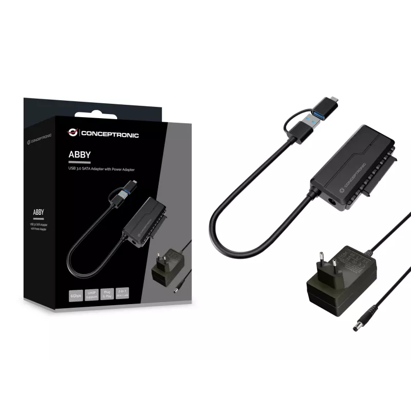 Conceptronic ABBY21B USB 3.0 SATA Adapter with Power Adapter, 2.5 inch/3.5 inch SATA HDD/SSD, 2-in-1 USB C/A Cable