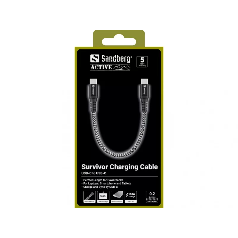 USB-C Cable Sandberg Survivor 0.2M 100W Black White