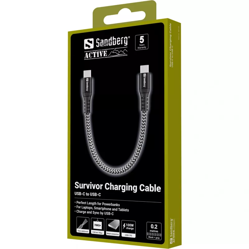 USB-C Cable Sandberg Survivor 0.2M 100W Black White
