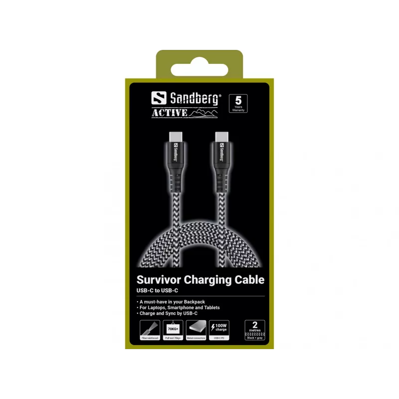 USB-C Cable Sandberg Survivor 2M 100W Black White