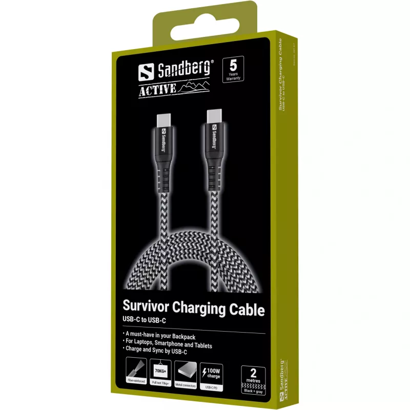 USB-C Cable Sandberg Survivor 2M 100W Black White