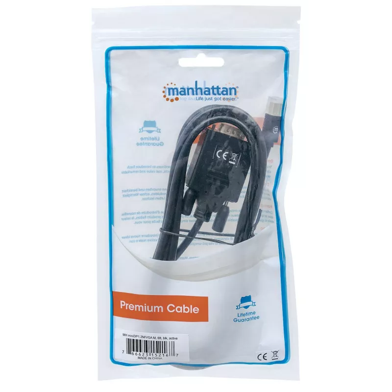 Manhattan Mini DisplayPort 1.2a to VGA Cable, 1080@60Hz, Active, 1.8m, Male to Male, Black, Polybag