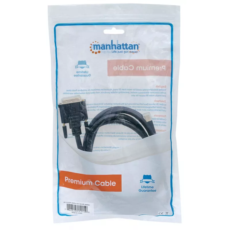 Manhattan Mini DisplayPort 1.2a to DVI-D 24+1 Cable, 1080p@60Hz, 1.8m, Male to Male, Compatible with DVD-D, Black, Lifetime Warranty