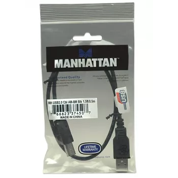 Manhattan USB-A to USB-B Cable, 0.5m, Male to Male, 480 Mbps (USB 2.0), Hi-Speed USB, Black, Lifetime Warranty, Equivalent to USB2HAB50CM