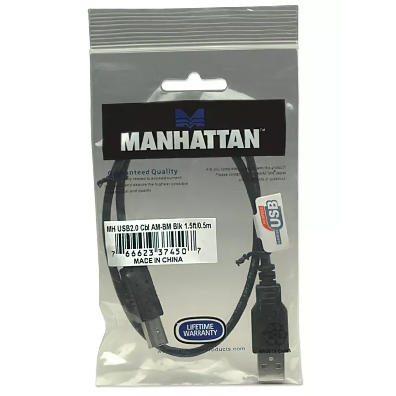 Manhattan USB-A to USB-B Cable, 0.5m, Male to Male, 480 Mbps (USB 2.0), Hi-Speed USB, Black, Lifetime Warranty, Equivalent to USB2HAB50CM