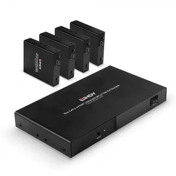 Lindy 70m Cat.6 4 Port HDMI 4K60 Splitter Extender, 3840 x 2160 pixels, AV transmitter & receiver, 70 m, Wired, Black, HDCP