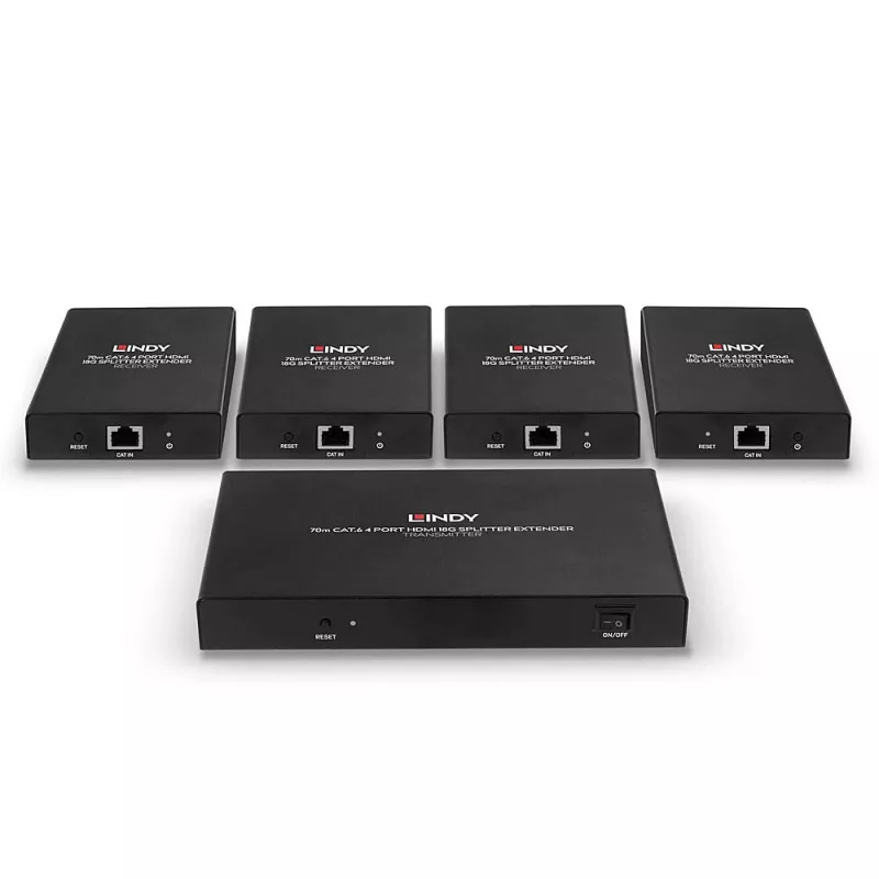 Lindy 70m Cat.6 4 Port HDMI 4K60 Splitter Extender, 3840 x 2160 pixels, AV transmitter & receiver, 70 m, Wired, Black, HDCP