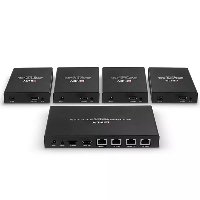 Lindy 70m Cat.6 4 Port HDMI 4K60 Splitter Extender, 3840 x 2160 pixels, AV transmitter & receiver, 70 m, Wired, Black, HDCP