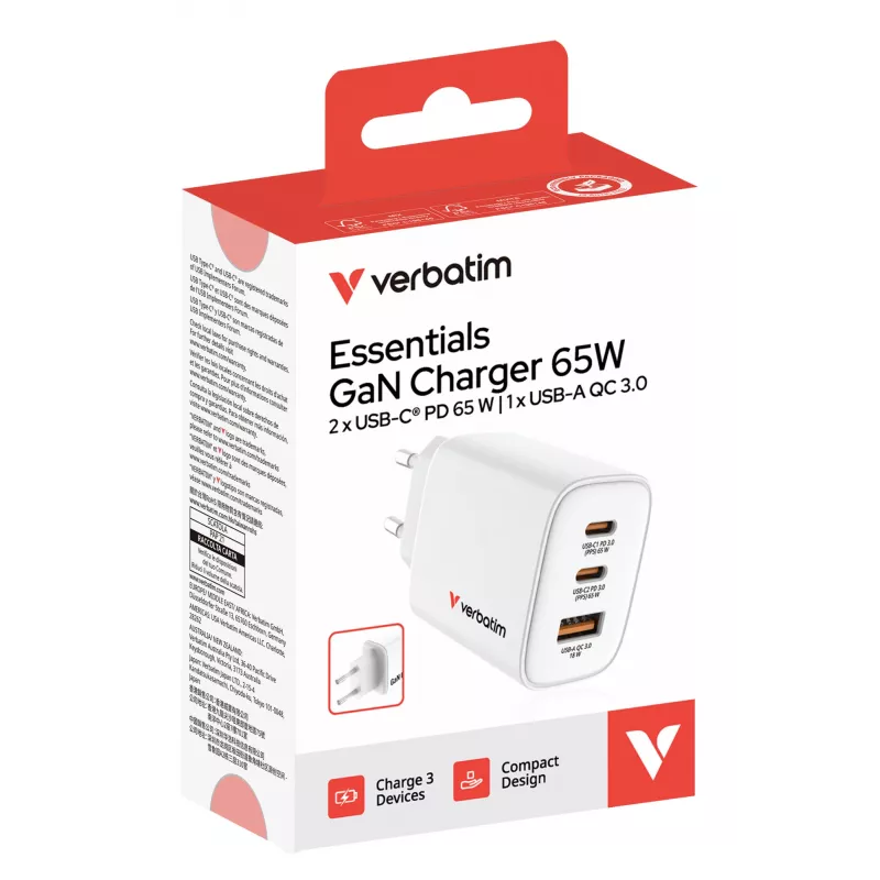 Verbatim Essentials GaN Charger 65W EU plug White, Indoor, AC, 20 V, White