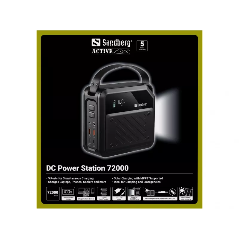 Portable DC power station SANDBERG Sandberg DC Power Station 72000 — LMFP 72,000 mAh, DC & USB‑C input, black