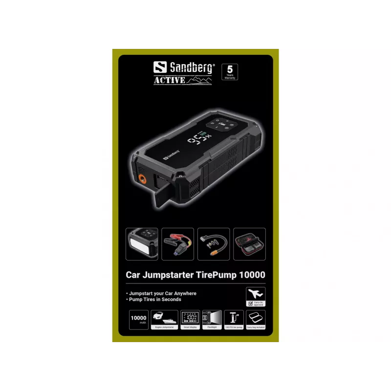 Portable jump starter and tire pump SANDBERG Sandberg Car Jumpstarter TirePump 10000 — 800 A start, 2 A output, 5 V USB
