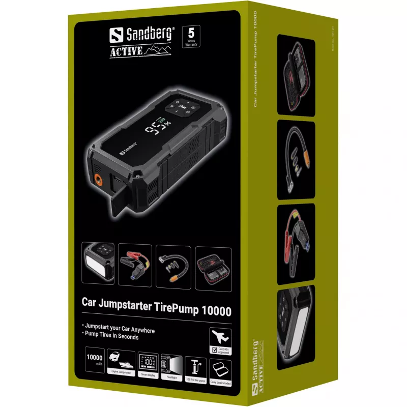 Portable jump starter and tire pump SANDBERG Sandberg Car Jumpstarter TirePump 10000 — 800 A start, 2 A output, 5 V USB