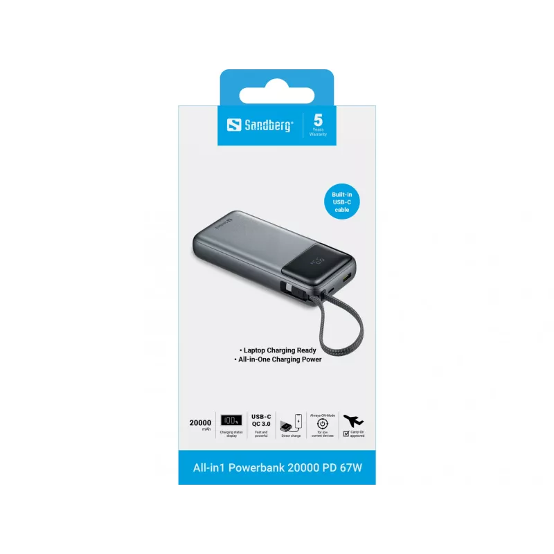 Powerbank SANDBERG All-in1 Powerbank 20000 PD 67W — 20000 mAh LiPo, 1×USB-A, 1×USB-C, 15W output, black/grey