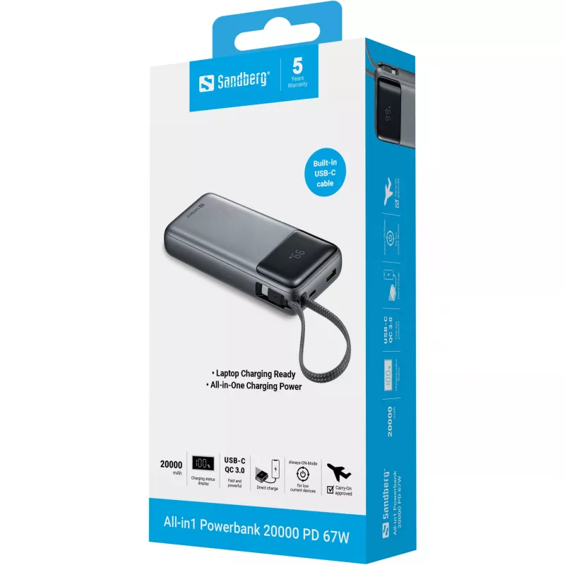 Powerbank SANDBERG All-in1 Powerbank 20000 PD 67W — 20000 mAh LiPo, 1×USB-A, 1×USB-C, 15W output, black/grey